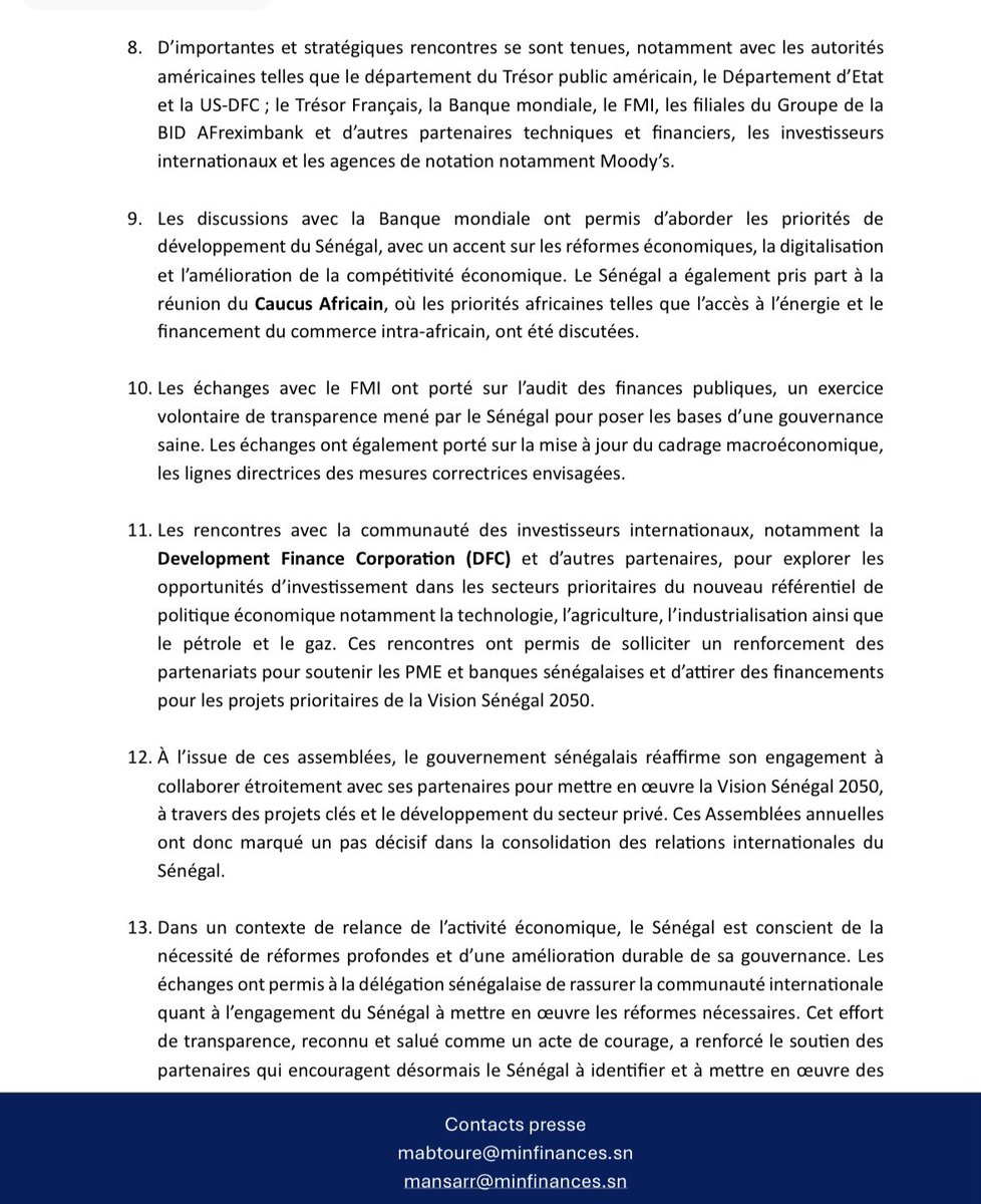 mefp_senegal's tweet photo. Communiqué de presse relatif aux assemblées annuelles du #FMI et de la #Banquemondiale 2024.
#Sénégal #Finance #MFB #MinFinSn #Finance #Vision2050 https://t.co/3MsXWhiCwn