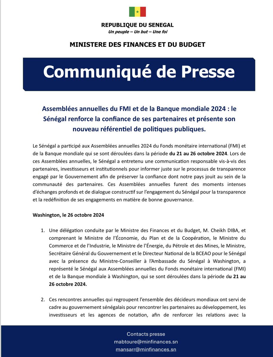 mefp_senegal's tweet photo. Communiqué de presse relatif aux assemblées annuelles du #FMI et de la #Banquemondiale 2024.
#Sénégal #Finance #MFB #MinFinSn #Finance #Vision2050 https://t.co/3MsXWhiCwn