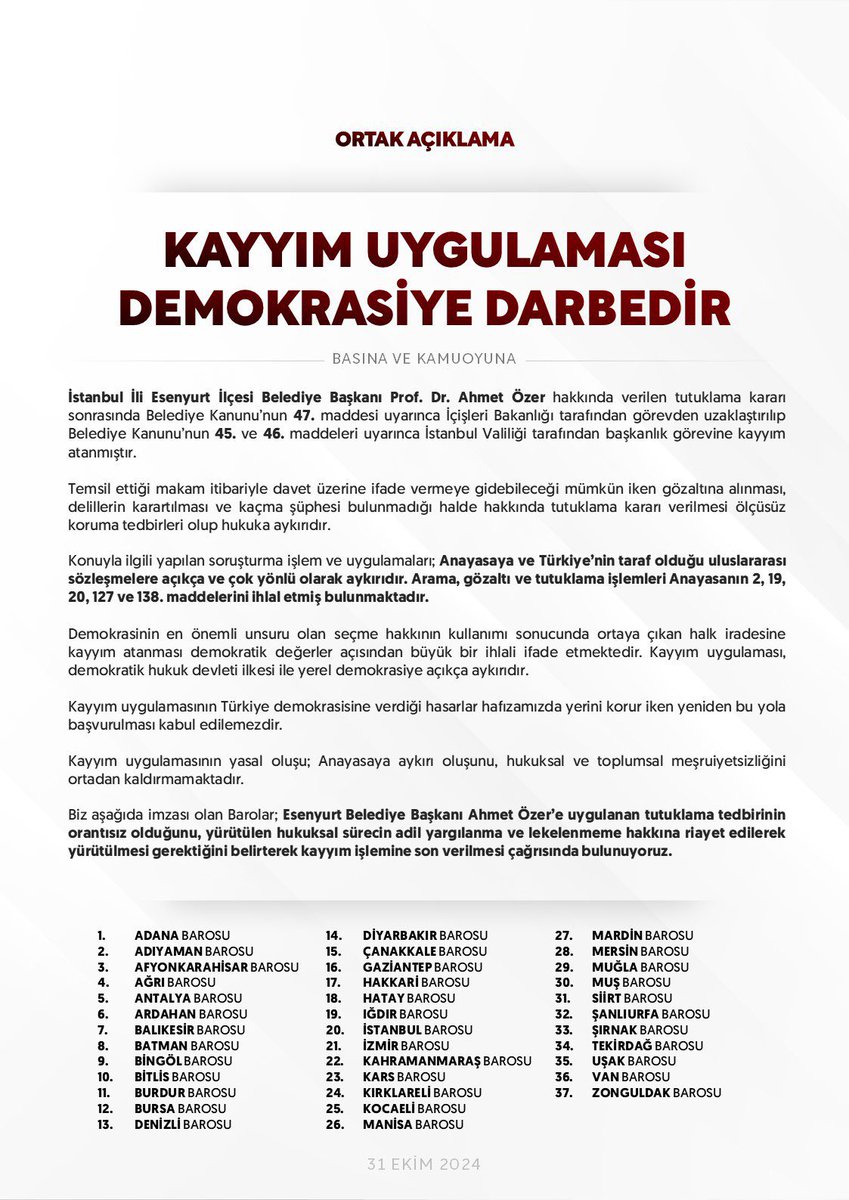 Barolardan Ortak Açıklama; “KAYYIM UYGULAMASI DEMOKRASİYE DARBEDİR”