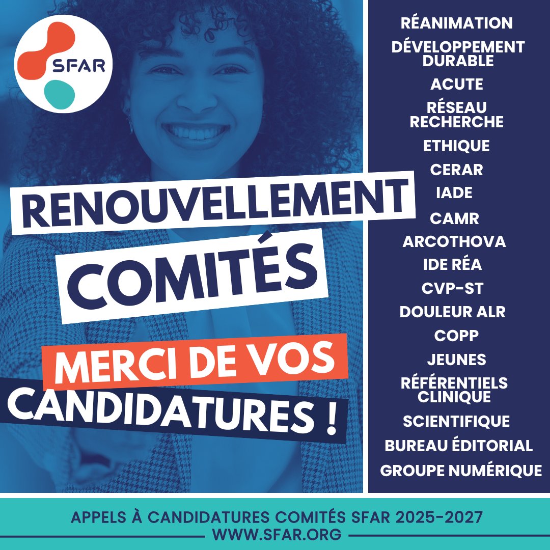 🤩 La SFAR remercie les 123 membres qui ont candidatés au sein des 18 comités et groupes ! 

Les candidatures seront maintenant étudiées dans les prochaines semaines avec une réponse pour un début de mandat en 2025 ✅

<a href="/SFARJeunes/">SFAR Jeunes</a> <a href="/AJARFrance/">AJAR France 🇫🇷</a> <a href="/SNPHARE/">SNPHARE</a> <a href="/SyndicatSnarf/">SNARF</a> <a href="/jeunesMIR/">ANJMIR</a>