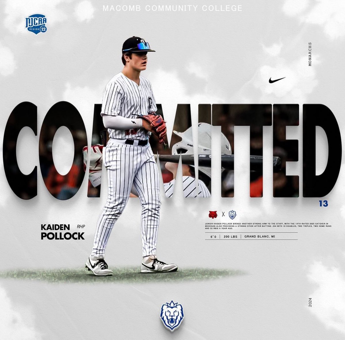 Congratulations to Kaiden Pollock on his commitment to play at Macomb Community College !