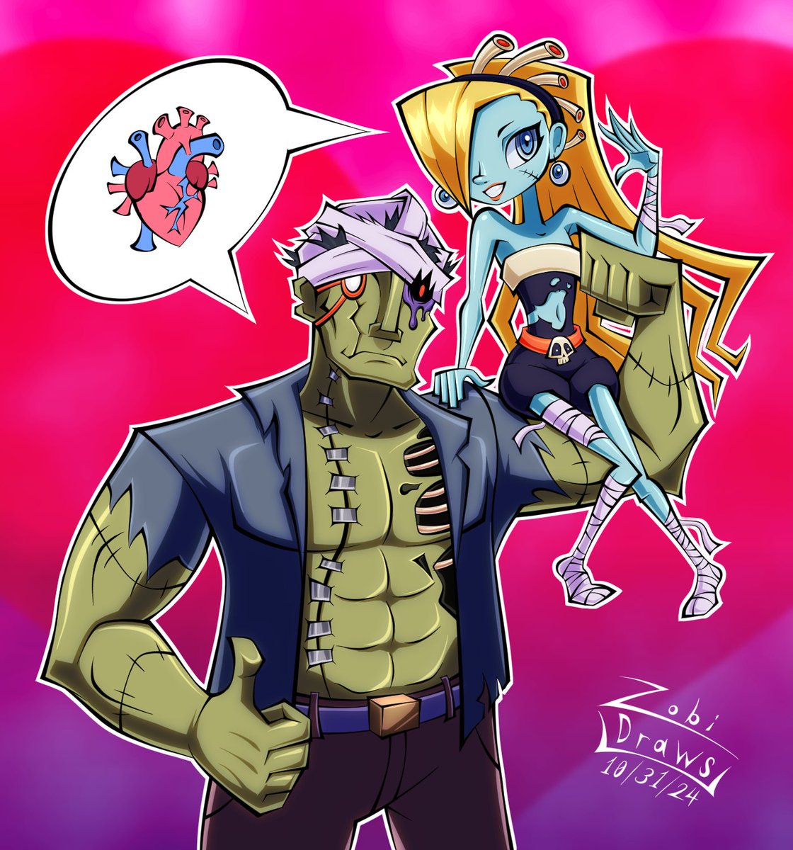 Zobi_Draws's tweet image. HAPPY HALLOWEEN!! 🎃  

Drew gaming&apos;s most underrated undead couple ❤️ 
Zobio &amp;amp; Zobiko  
from Loving Deads: The House of the Dead EX
