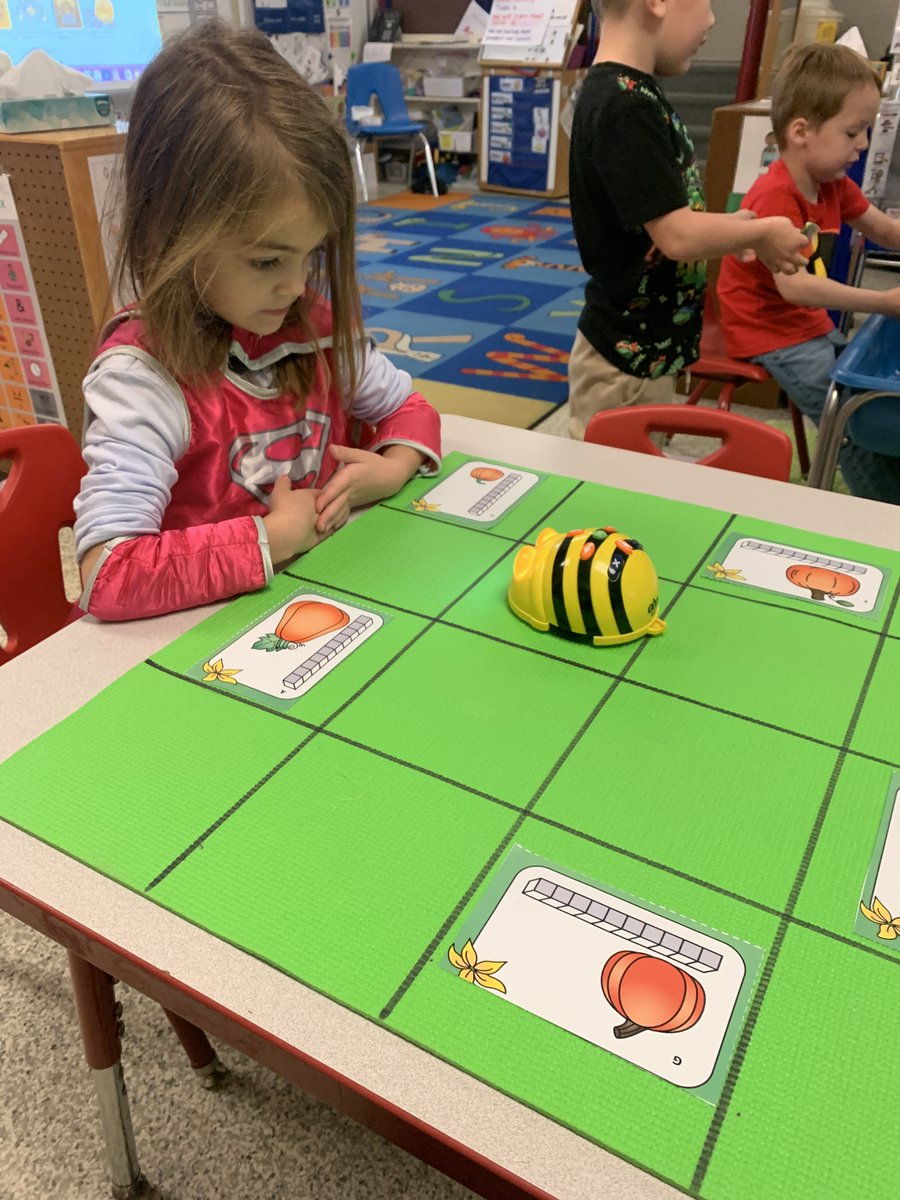 Preschoolers coded, measured, counted cubes, and identified numbers all in one activity!  The students realized that the pumpkin they coded to wasn't as tall or wide as what it showed on the mat.  They had to adjust their cubes.  They did a "Spook-tacular" job!