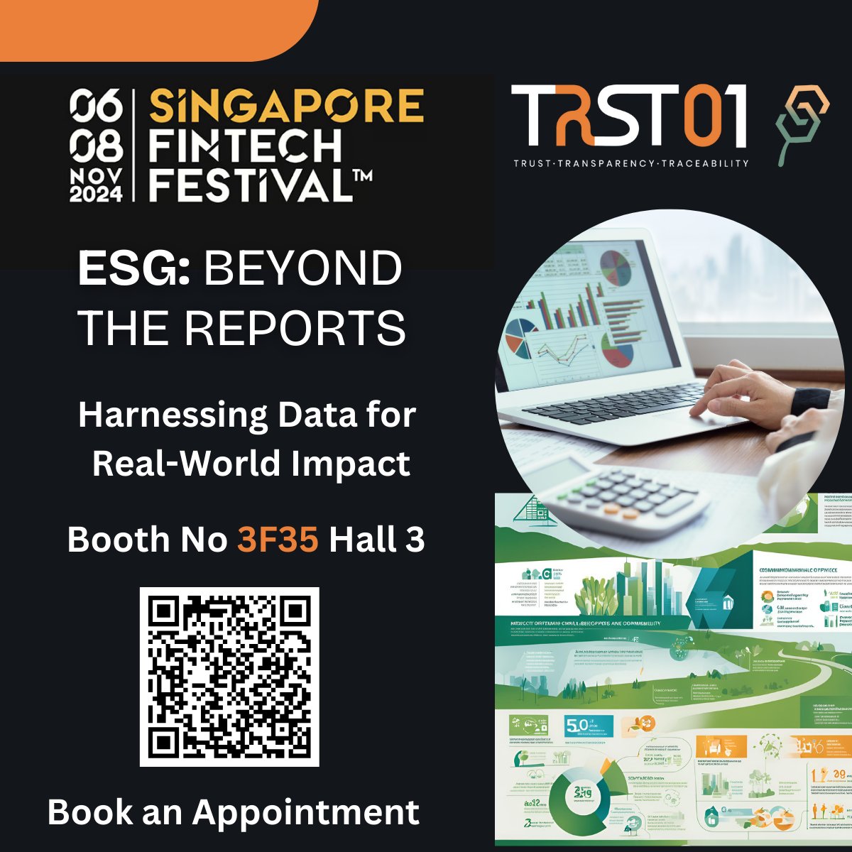 #ESG Beyond the Reports 
Harnessing Data for #RealWorldImpact 
Join <a href="/TRST01Official/">TRST01Official</a>  at the <a href="/sgfintechfest/">Singapore FinTech Festival</a>  as we showcase #DataDriven insights transforming #ESG  from reports into impactful outcomes. book an appointment lnkd.in/g9JgDVtU scanQR
<a href="/prabirmishra/">prabir.eth</a> <a href="/manoj_vembu/">Manoj Vembu</a>