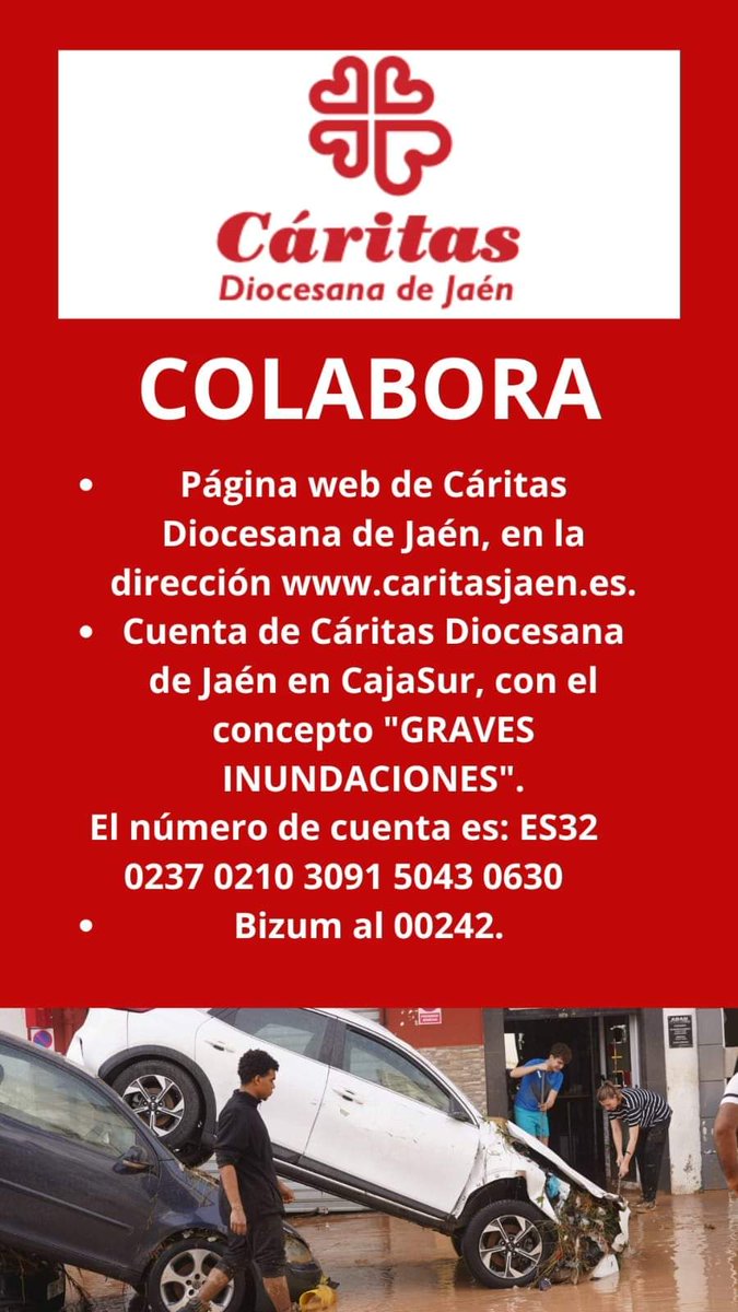 JaenClemencia's tweet photo. 🔴 Desde Cáritas Diocesana de Jaén se hace un llamamiento para colaborar con los afectados por la Dana en la Comunidad Valenciana.
Toda la información el cartel que se adjunta.
¡Colabora! https://t.co/9W9AIjk8ps
