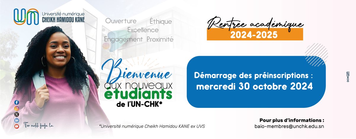 [Rentrée2024_UNCHK]

L'#UNCHK_SN annonce le début des inscriptions administratives et pédagogiques🏛️🎓📚🌍. Elles se poursuivront jusqu’au lundi 16 décembre 2024, dans tous les ENO.

+ d’infos sur : unchk.sn/communique-ren…

Consultez le guide : unchk.sn/wp-content/upl…

#kebetu
