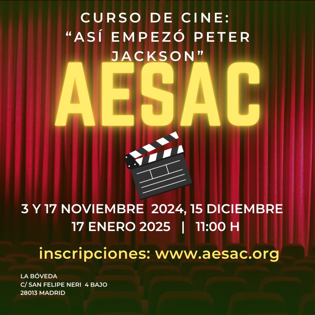 El Domingo 3 de noviembre damos comienzo al taller de creación de cortos : "Así empezó Peter Jackson", para juntarte con un grupo de artistas y comenzar a aprender, planear y realizar un cortometraje.
Da tus primeros pasos dentro del mundo del cine con tus compis de Aesac.