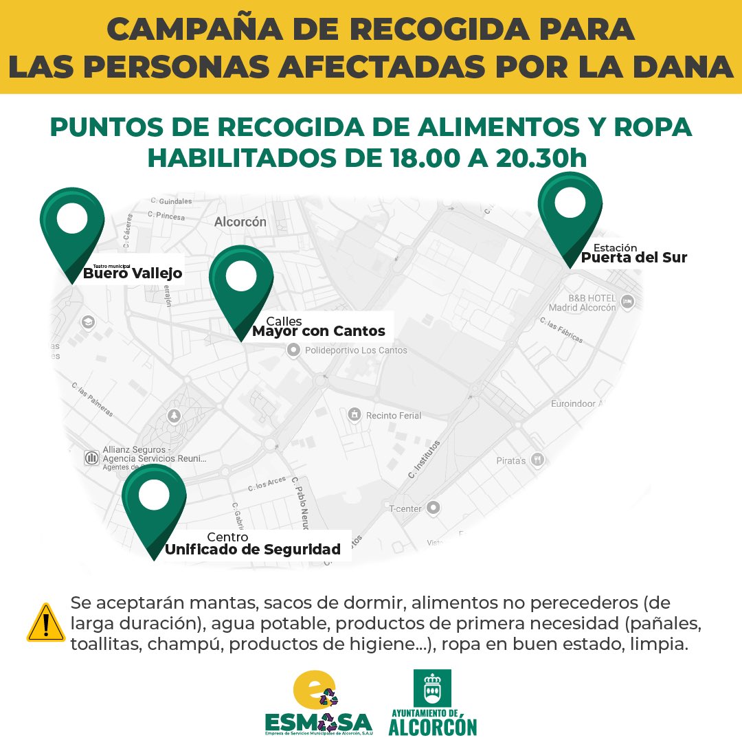 EsmasAlcorcon's tweet photo. ⚠️ De momento hemos organizado esta primera recogida para el día de hoy para enviar la ayuda cuanto antes. 

Si quieres aportar tu granito de arena, te dejamos los 4 puntos donde estamos recogiendo comida y ropa para los afectados/as de la #Dana https://t.co/KvqRJREZ1X