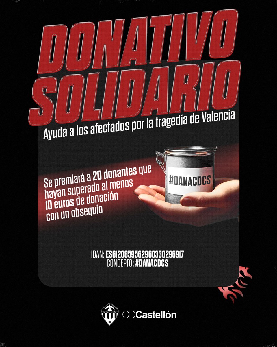 🫂 El <a href="/CDCastellon/">CD Castellón</a> y la @FundAlbinegra se vuelcan con Valencia

💰 Habilitamos un número de cuenta para hacer donaciones

Nombre transferencia: FUNDACIÓ ALBINEGRA DE LA COMUNITAT VALENCIANA

IBAN: ES6120859562960330296917

Concepto: #DANACDCS

➕ℹ️ bit.ly/3AuyqWP

#PPO👂
