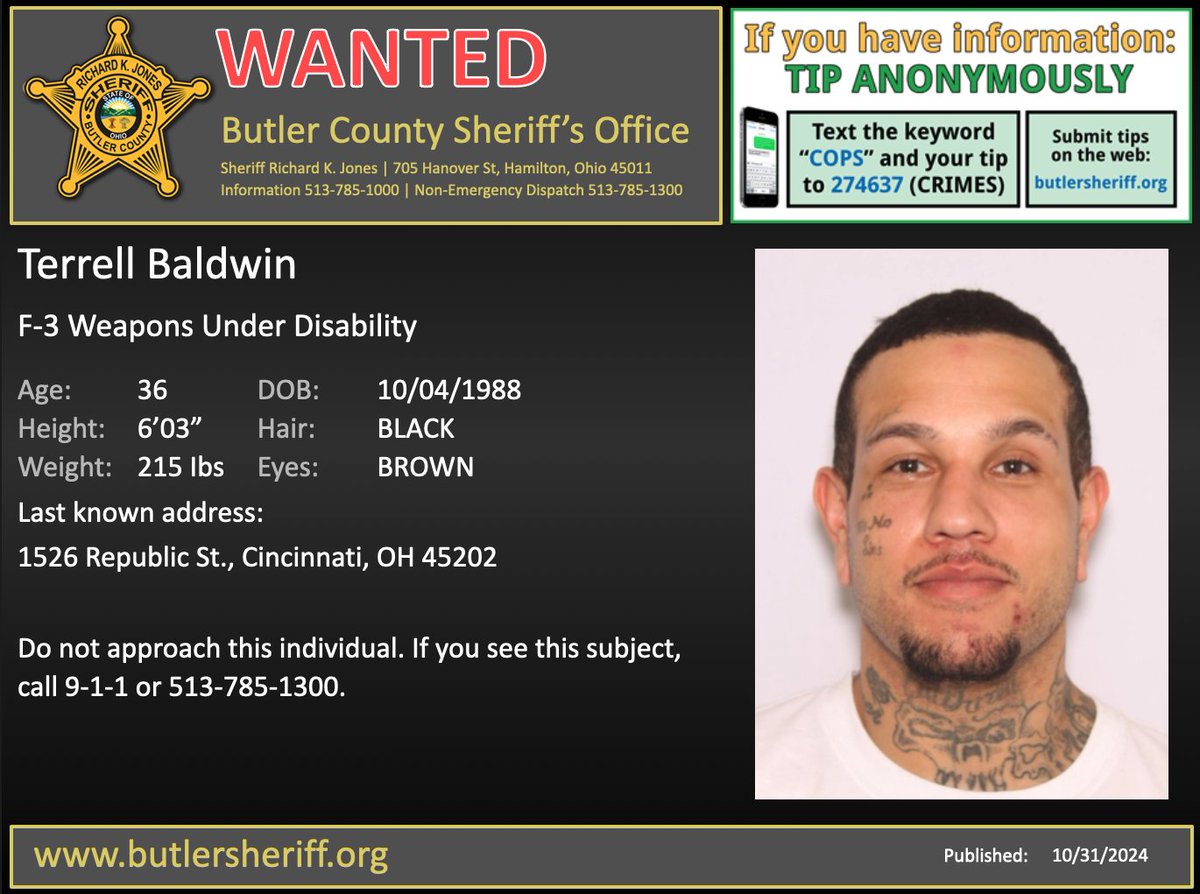 Featured warrant of the week:

Terrell Baldwin

F-3 Weapons Under Disability

Terrell Baldwin is wanted for F-3 Weapons Under Disability. His last known address is 1526 Republic St., Cincinnati, OH 45202. Please call 9-1-1 or 785-1300 for any information about Terrell Baldwin.