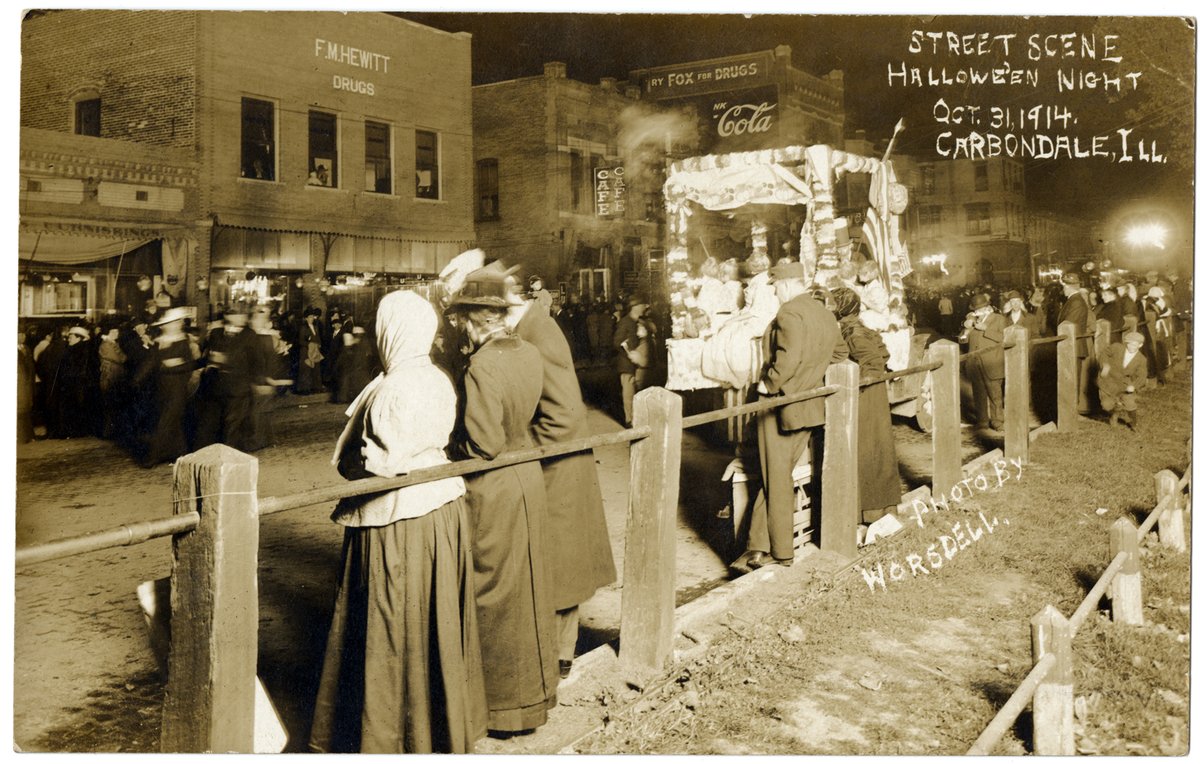 SCRC_at_SIUC's tweet photo. #Halloween in Carbondale, 110 years ago. Postcard from the Cordelia Carbaugh Kelly collection; clipping from the Carbondale Free Press, November 2, 1914. https://t.co/7PoVizAp7W