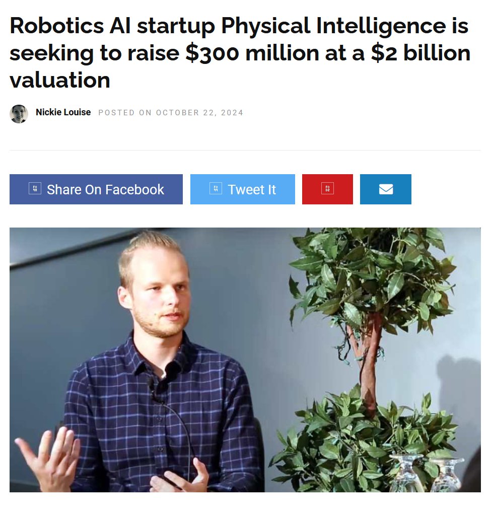 TheHumanoidHub's tweet photo. According to a media report from last week, the San Francisco-based startup is in talks to raise $300 million at a valuation of around $2 billion.

The company was co-founded earlier this year by Karol Hausman, who previously worked on robotics at Google DeepMind. https://t.co/mc6A5kcaj4