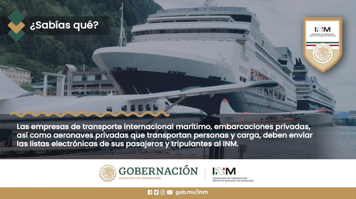 INAMI_mx's tweet photo. Consulta nuestro sitio web para conocer los requisitos de ingreso a #México 🇲🇽 en transporte marítimo o aeronaves privadas.
#DaClick y consulta ▶️🔗 https://t.co/XMuLlwuF5v https://t.co/ctBONhBo1U