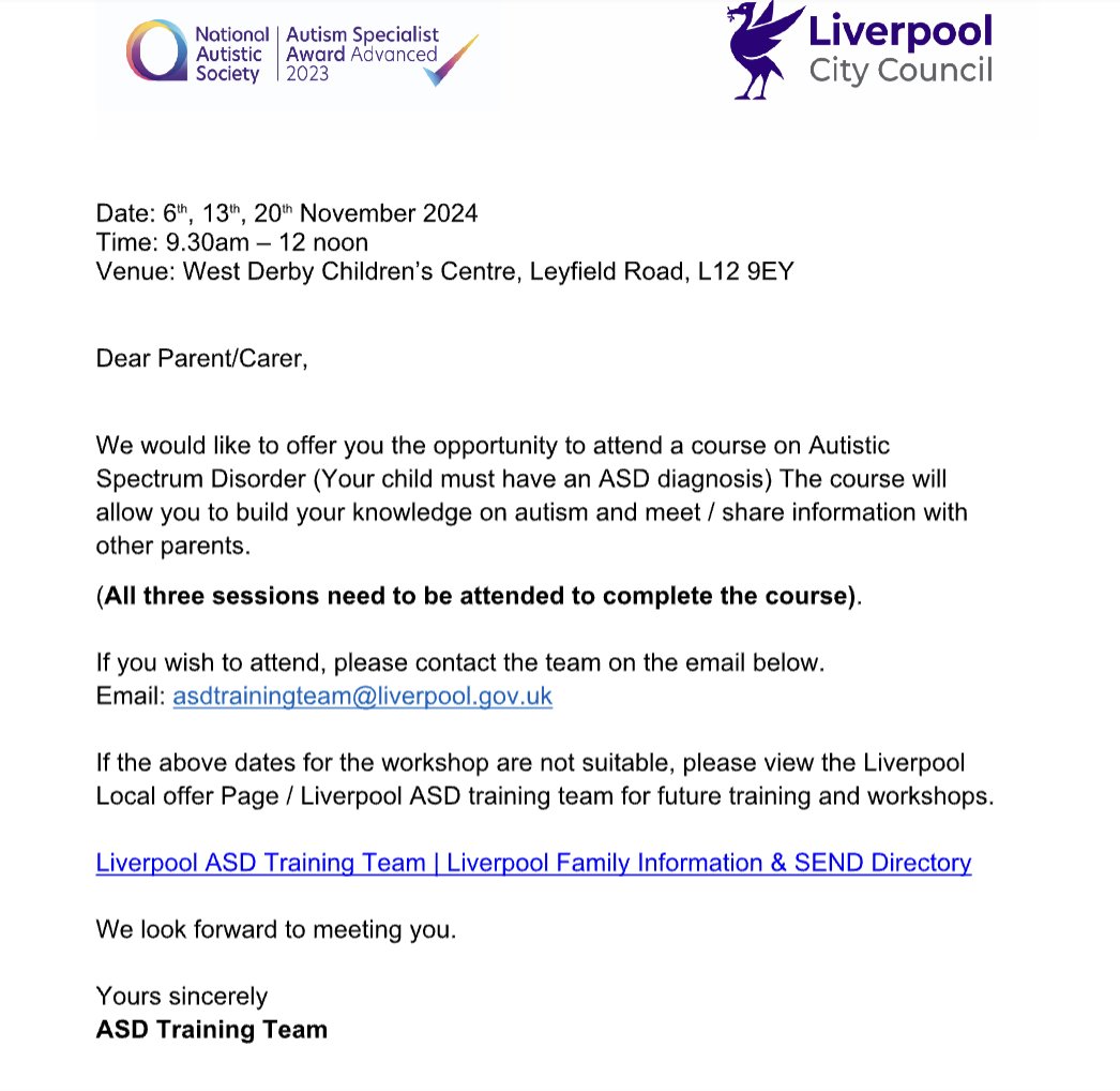 MrsPWREMAT's tweet photo. Liverpool ASD Training Team Courses  for parents and carers. @CroxtethC https://t.co/12y0mlSbVX
