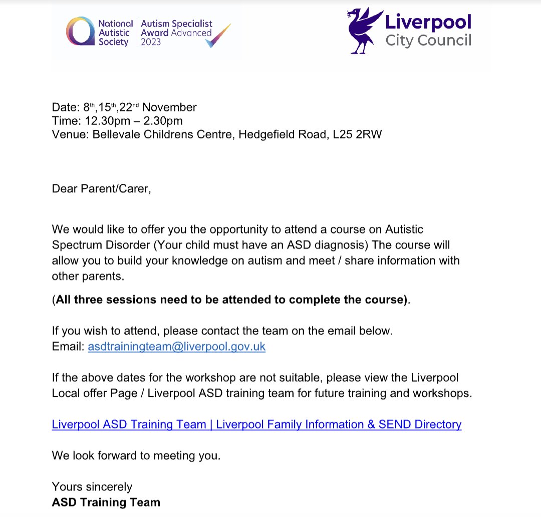 MrsPWREMAT's tweet photo. Liverpool ASD Training Team Courses  for parents and carers. @CroxtethC https://t.co/12y0mlSbVX