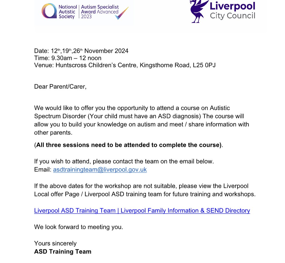 MrsPWREMAT's tweet photo. Liverpool ASD Training Team Courses  for parents and carers. @CroxtethC https://t.co/12y0mlSbVX