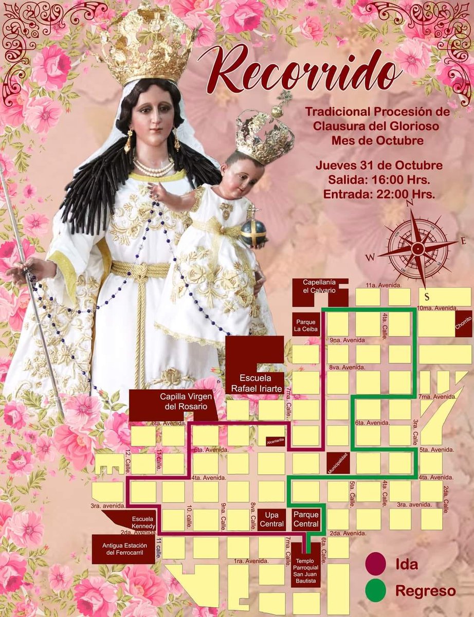 RECORRIDO

De la Tradicional Procesión de Clausura del Mes de Octubre con la Santísima Virgen del Rosario, Alcaldesa Excelsa Perpetua de Amatitlán. 
Jueves 31 de Octubre.
De 16:00 a 22:00 hrs