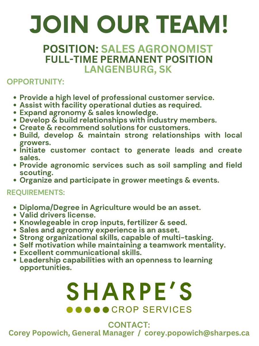 JOB OPPORTUNITY - SALES AGRONOMIST
Full-time - Langenburg, SK
Details below 📷
Send your resume to corey.popowich@sharpes.ca
#nowhiring #sask #AgJobs #saskfarming #sharpescropservices