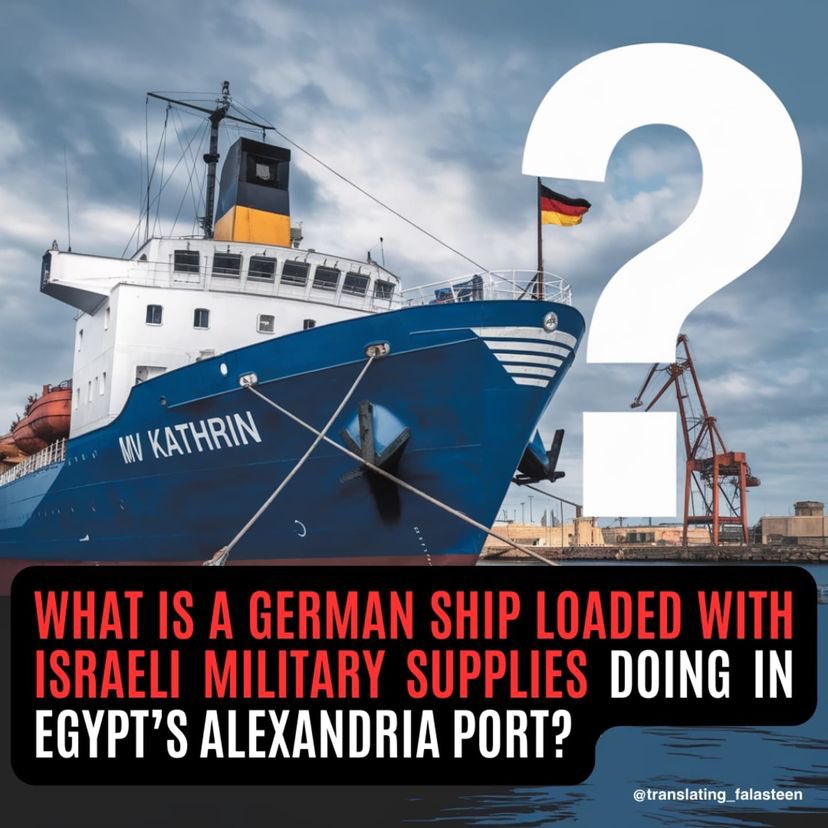 EyeonPalestine's tweet photo. What is a German ship loaded with Israeli military supplies doing in Egypt's Alexandria Port? The German cargo ship MV Kathin, owned by Lubeca Marine, departed from Hai Phong, Vietnam, on July 22, 2024, carrying a 150-metric-ton shipment of military-grade bombs.
After being denied entry at multiple African and Mediterranean ports due to activist pressure, it was finally allowed to unload its cargo in Alexandria, Egypt, on October 28, 2024. The family-owned business Egyptian Maritime Consultant Office (EMCO) facilitated the cargo's arrival and also oversaw the departure of another vessel headed to Israel's Ashdod Port on the same day.