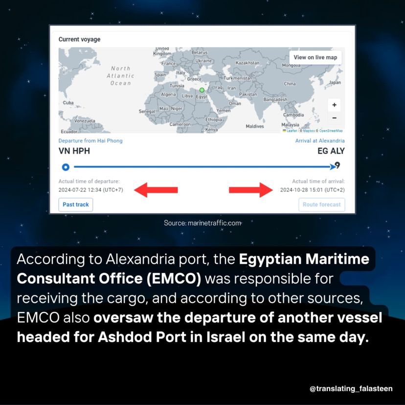 EyeonPalestine's tweet photo. What is a German ship loaded with Israeli military supplies doing in Egypt's Alexandria Port? The German cargo ship MV Kathin, owned by Lubeca Marine, departed from Hai Phong, Vietnam, on July 22, 2024, carrying a 150-metric-ton shipment of military-grade bombs.
After being denied entry at multiple African and Mediterranean ports due to activist pressure, it was finally allowed to unload its cargo in Alexandria, Egypt, on October 28, 2024. The family-owned business Egyptian Maritime Consultant Office (EMCO) facilitated the cargo's arrival and also oversaw the departure of another vessel headed to Israel's Ashdod Port on the same day.