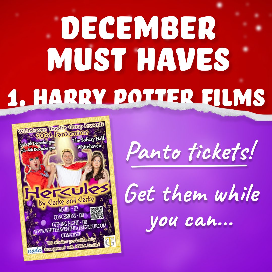 WhitehavenTG's tweet photo. Don’t miss out on a Christmas tradition, get your tickets to Hercules - it’s right on your doorstep! 

🏛️ 3rd - 7th December @ 7pm
🏛️ 7th - 8th December @ 1pm

💪🏼 Adults £12
💪🏼 Concessions £10
💪🏼 Opening Night £10

🎟️  https://t.co/VNuPZDmA5q 🎟️

📞 07369231527 📞 https://t.co/NDfR93RnZS