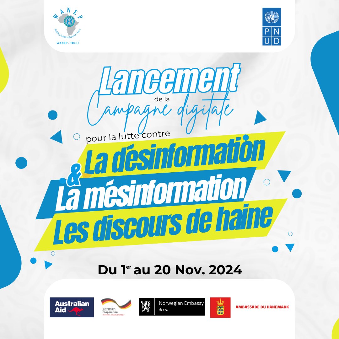 Lancement de la Campagne Digitale Contre la Désinformation et les Discours de Haine

Les infox se propagent vite,...
Lire plus 👇👇👇
bit.ly/3C4sd4D
<a href="/PnudTogo/">Pnud Togo</a>  <a href="/UN_Togo/">Nations Unies Togo</a>  <a href="/WANEP_Regional/">WANEP_Regional</a>  <a href="/Seyram_adiakpo/">Seyram Adiakpo</a>  <a href="/AhouefaAssinou/">Pascaline Ahouefa Assinou D.</a>  <a href="/KotchNestor/">KOTCHNESTOR</a>