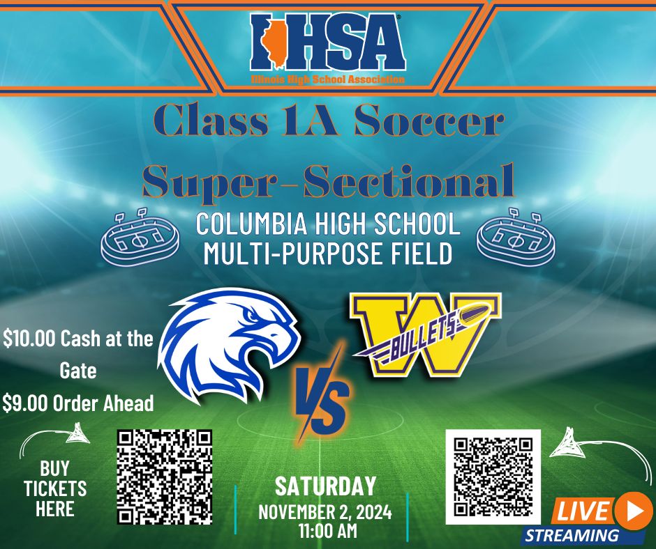 #IHSA Class 1A Super Sectional Soccer game Columbia v Williamsville WILL be streamed Saturday 11am on Hudl Fan.  <a href="/CHSilsoccer/">Columbia High School Soccer</a> <a href="/chseagles4/">Columbia High School</a> <a href="/Bullet_Soccer/">WHS Boys Soccer</a> <a href="/wcusd15sports/">Williamsville BeeBee & Bullet Athletics/Activities</a>