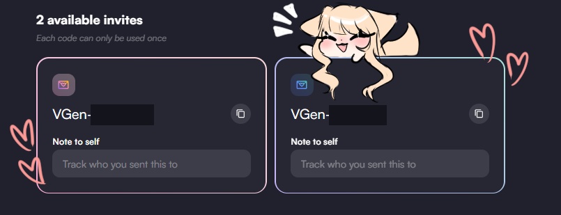#VgenCode giveaway!

I have 2 new codes
Like, retweet and introduce yourself in the comments!

I will handpick 2 people by the 8th November :3

#VGen