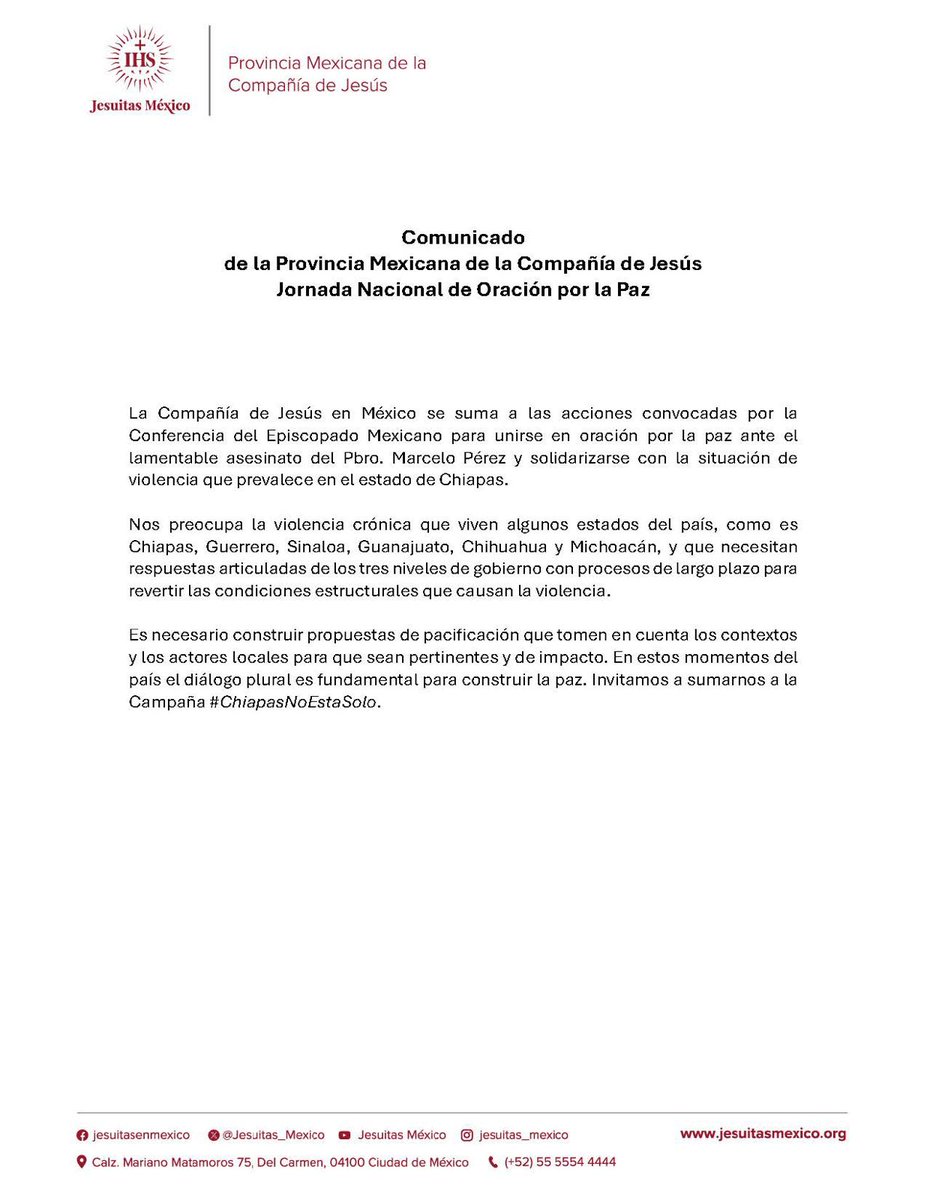 📍 La Compañía de Jesús en México se suma a las acciones convocadas por la <a href="/IglesiaMexico/">CEM</a> para unirse en oración por la #paz ante el lamentable asesinato del Pbro. Marcelo Pérez y solidarizarse con la situación de violencia que prevalece en el estado de Chiapas. 

🔗