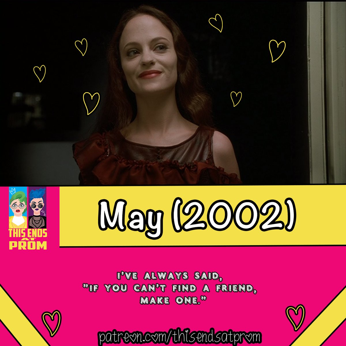 ThisEndsAtProm's tweet photo. NEW EP: MAY (2002)

Grab your scissors &amp; doll parts because this week's topics include the inverse of pansexuality, gushing about Angela Bettis, Anna Faris, Jeremy Sisto, and James Duval, and attempting to tackle the "loneliness epidemic."

Listen wherever you get your podcasts! https://t.co/Q4w3NKNU1S