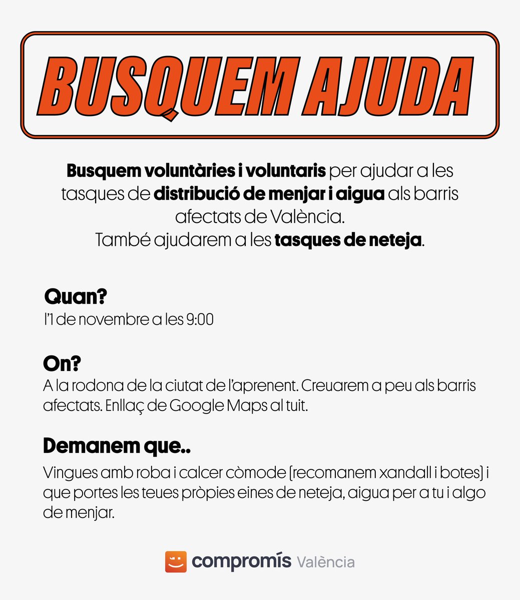 CompromisVLC's tweet photo. ⚠️ Ens veiem demà a les 9:00h a este punt d'encontre, amb ganes d'ajudar i correctament preparats i preparades. 

Recomanem que vingueu a peu o en transport públic. Gràcies!! https://t.co/Bao8D8Uc6J https://t.co/W3hor0Ozdu