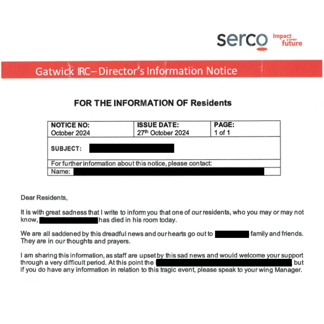 Serco staff ask for support from "residents" (people locked up against their will) following a death at Brook House Immigration Removal Centre.

Staggering lack of compassion and concern for the wellbeing of people detained and no support offered.