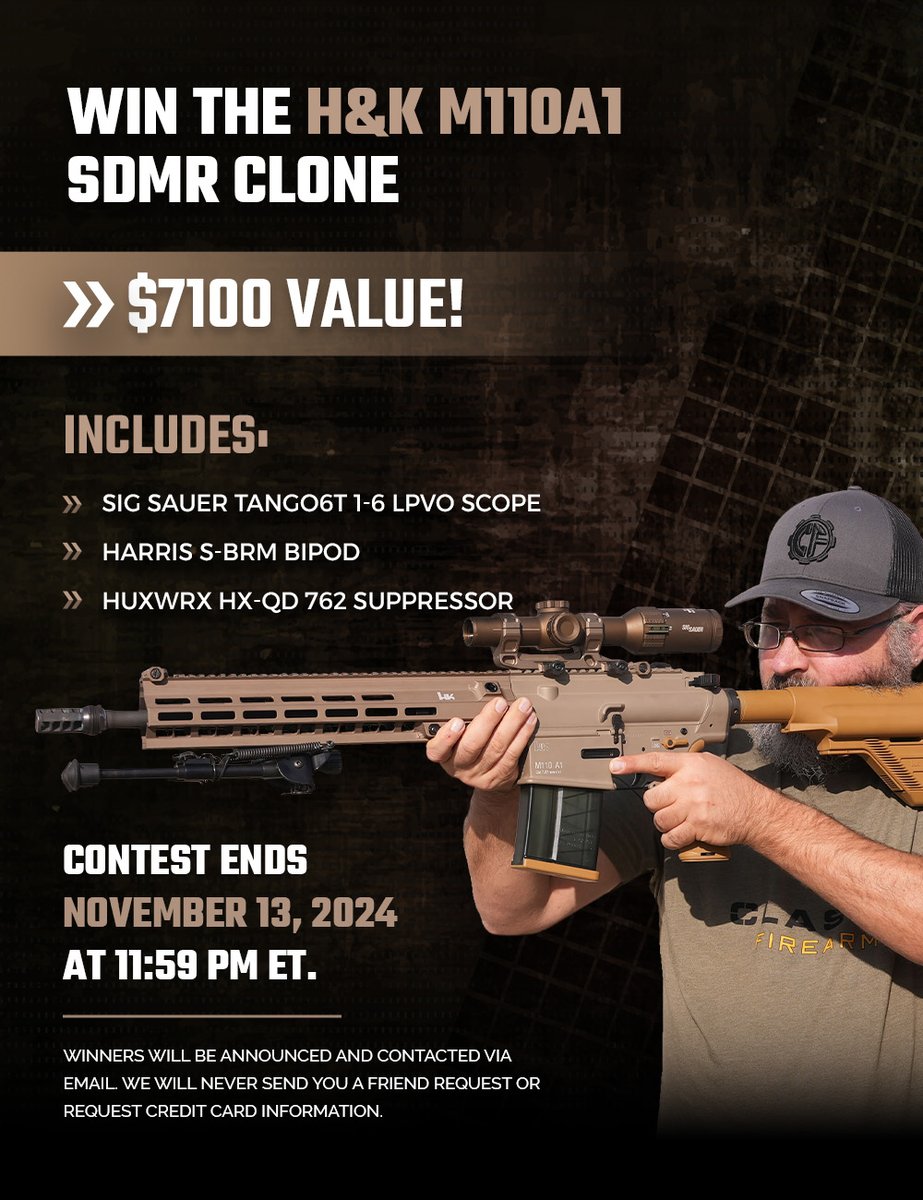 ClassicFirearm's tweet photo. We're back at it again, and we've got a dream DMR decked out with a @Huxwrxsafetyco Suppressor.  You don't want to miss this one. Enter for your chance to win now - https://t.co/eDh5cFM5A6 https://t.co/E5AzEH28yv