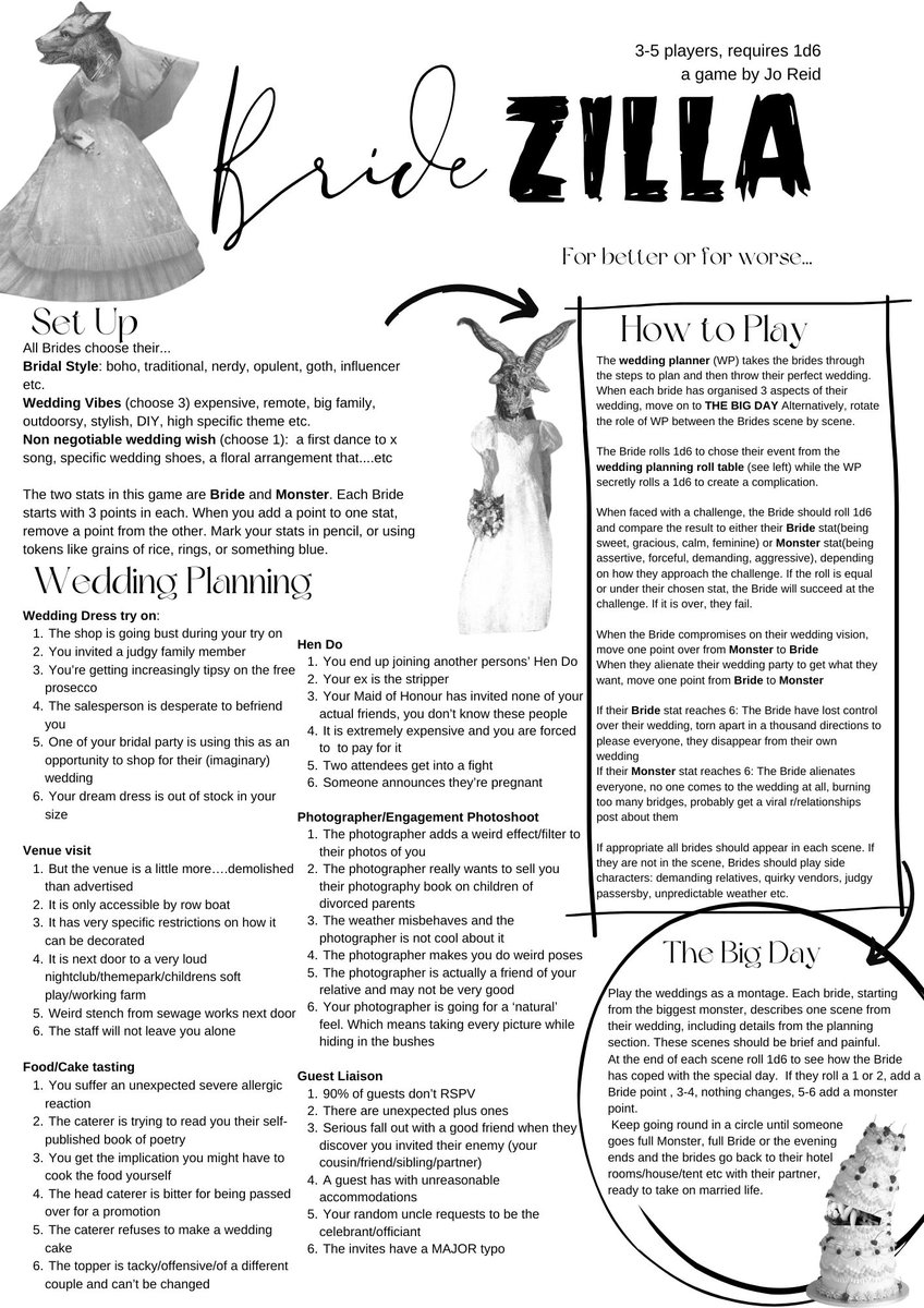 Live out your bridal dreams...or nightmares with BrideZILLA , my new one page ttrpg for divas, brides-to-be, and monsters everywhere 👰💍💒