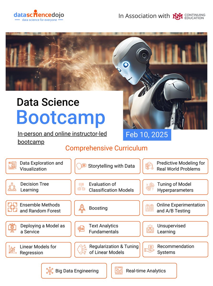 DataScienceDojo's tweet image. Data Science Bootcamp is Back!🔥

Get ready to dive deep into the world of data science. Our exclusive online and in-person bootcamp is returning on February 10th, 2025, offering an immersive learning experience with hands-on training and expert guidance.

👨‍💻 Limited Spots…