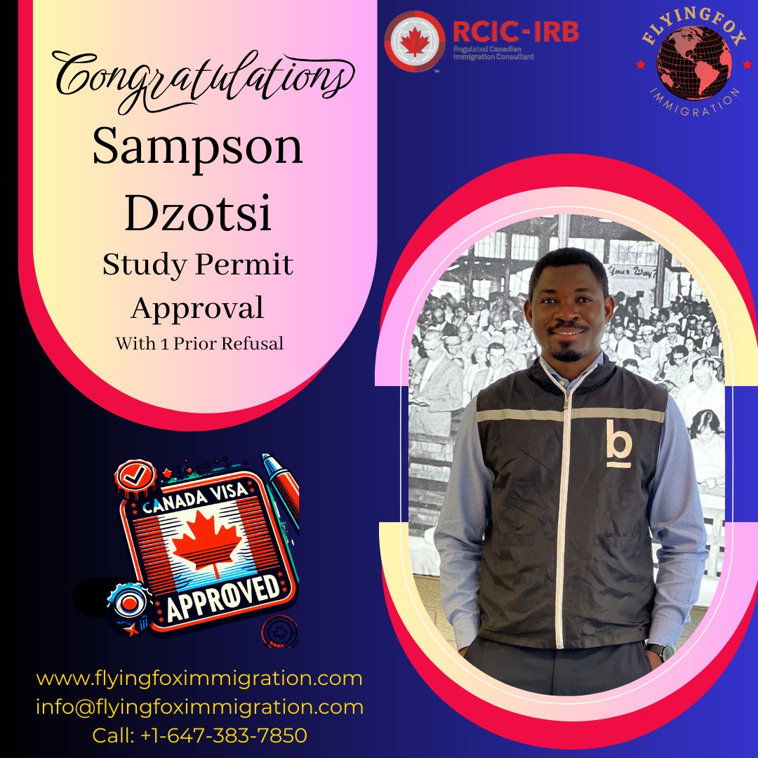 🌟 Exciting news alert! 🌟 We’re thrilled to announce another success story from Flying Fox Immigration! 🎉 A massive CONGRATULATIONS to our incredible client, Sampson Dzotsi! His Canada Study Permit has been officially approved! 🇨🇦🍁