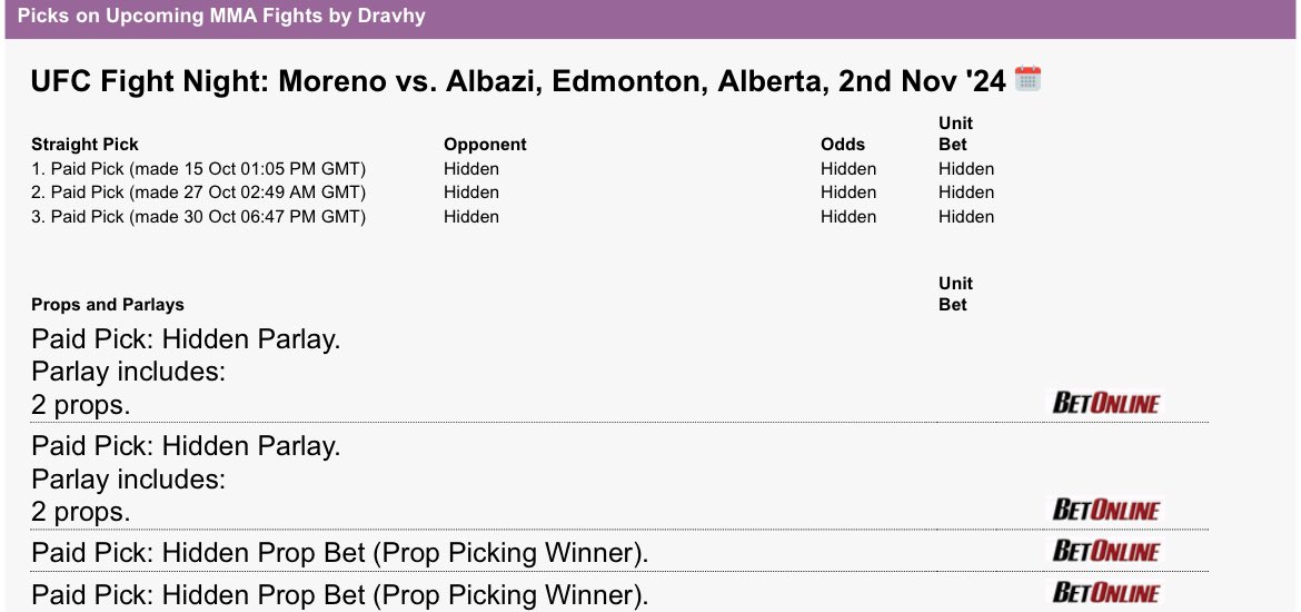 Dravhy_'s tweet image. Most of my plays are locked in for #UFCEdmonton 

- If you guess my 3 ML bets in the comments, I’ll give you the full card for free
- If you’re Canadian, I’ll give you this card for free🇨🇦

Must like and retweet🤝

👉 betmma.tips/Dravhy
You can buy the card for only $15