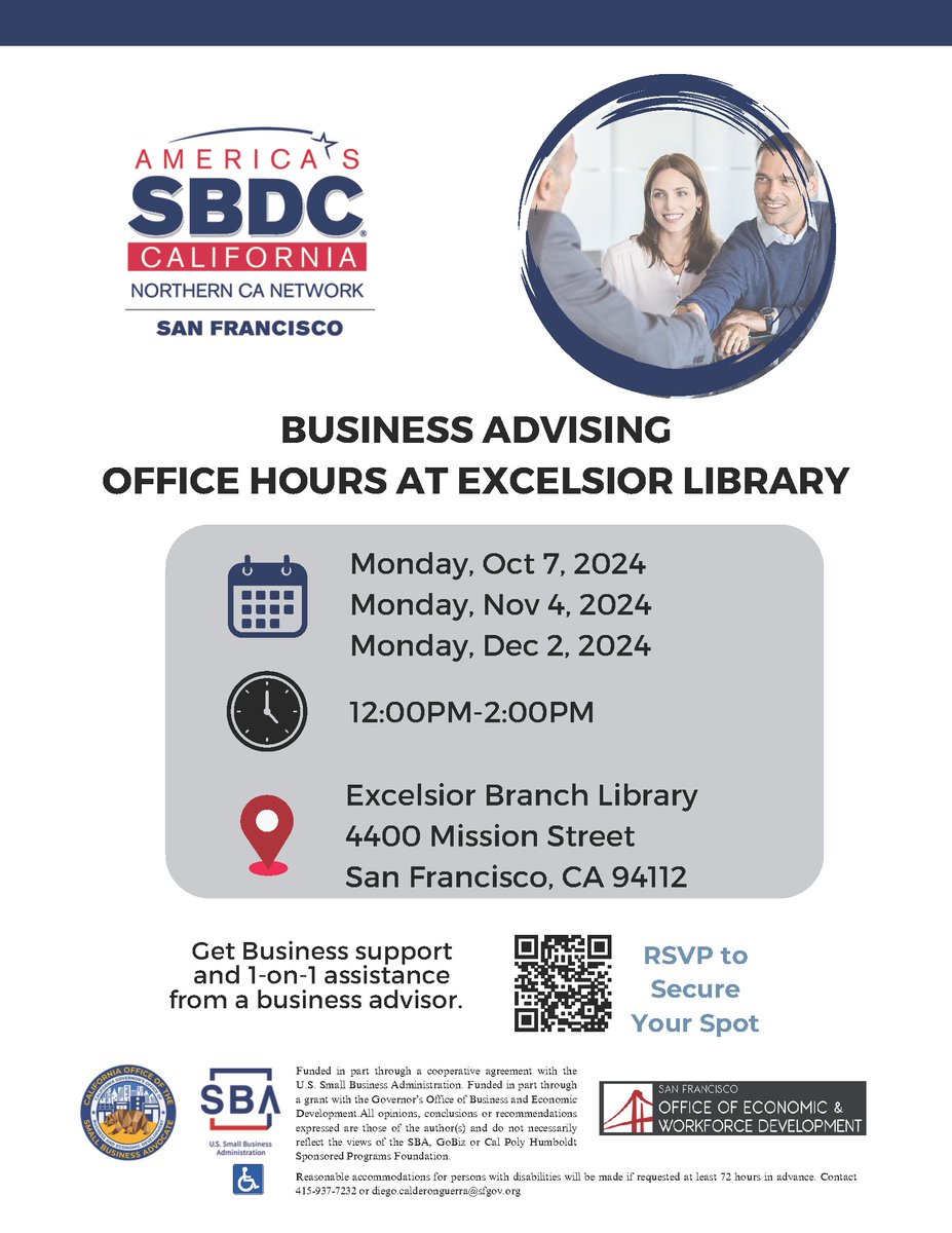 San Francisco Office of Small Business (@sfosb) on Twitter photo The <a href="/SanFranSBDC/">San Francisco SBDC</a> is hosting monthly office hours for small businesses in the Excelsior, with advising available in Chinese and Spanish.
Drop by next week, November 4th, for the next session. The <a href="/SanFranSBDC/">San Francisco SBDC</a> is hosting monthly office hours for small businesses in the Excelsior, with advising available in Chinese and Spanish.
Drop by next week, November 4th, for the next session.