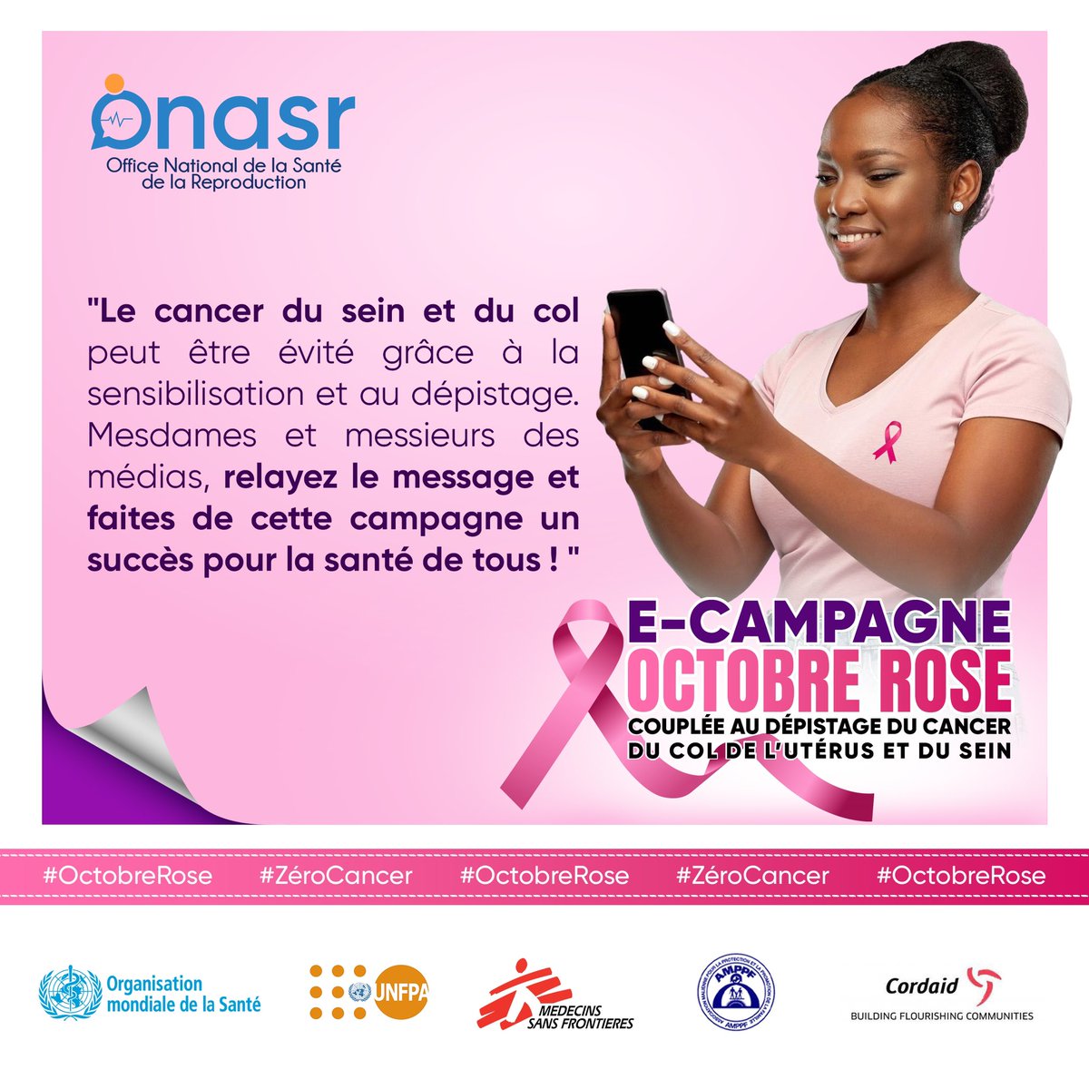 Le cancer du sein et du col peut être évité grâce à la sensibilisation et au dépistage. Mesdames et messieurs des médias, relayez le message et faites de cette campagne un succès pour la santé de tous !

#ActionJeunes 
#OctobreRose
#zérocancer