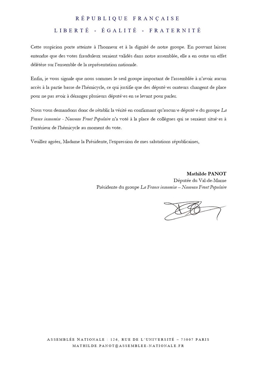MathildePanot's tweet image. Il est indigne d’une Présidente de l’Assemblée nationale de participer à jeter l’opprobre sur ses membres. Sa fonction exige précisément qu’elle garantisse la dignité des débats, des délibérations et le respect des députés.

Mon courrier à @YaelBRAUNPIVET pour qu&apos;elle rétablisse…
