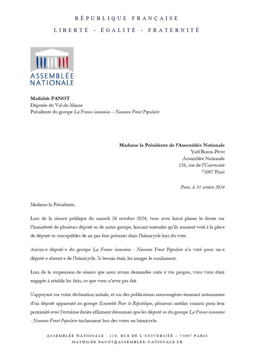 MathildePanot's tweet image. Il est indigne d’une Présidente de l’Assemblée nationale de participer à jeter l’opprobre sur ses membres. Sa fonction exige précisément qu’elle garantisse la dignité des débats, des délibérations et le respect des députés.

Mon courrier à @YaelBRAUNPIVET pour qu&apos;elle rétablisse…
