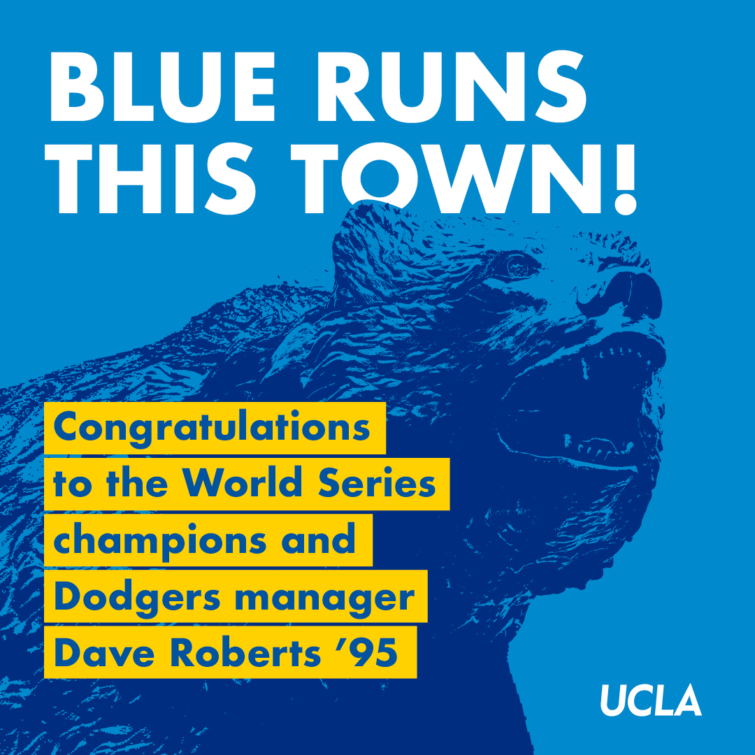 UCLA (@ucla) on Twitter photo THE DODGERS ARE WORLD SERIES CHAMPIONS! 🏆
Congrats to our <a href="/Dodgers/">Los Angeles Dodgers</a> and Bruin alum Dave Roberts for bringing the title home. #WorldSeries THE DODGERS ARE WORLD SERIES CHAMPIONS! 🏆
Congrats to our <a href="/Dodgers/">Los Angeles Dodgers</a> and Bruin alum Dave Roberts for bringing the title home. #WorldSeries