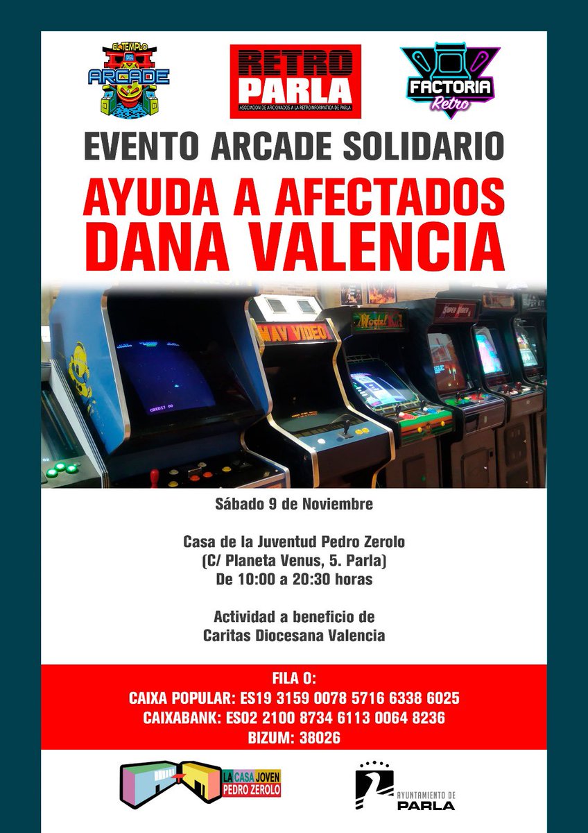 Si vivís en Parla o alrededores tenéis una cita el próximo sábado día 9 de noviembre para colaborar con los afectados de la dana de Valencia. 
Desde aquí, todo nuestro apoyo y fuerza para cada uno de los afectados por esta terrible tragedia.

Organiza <a href="/retroparla/">Retro Parla</a>. Colaboran