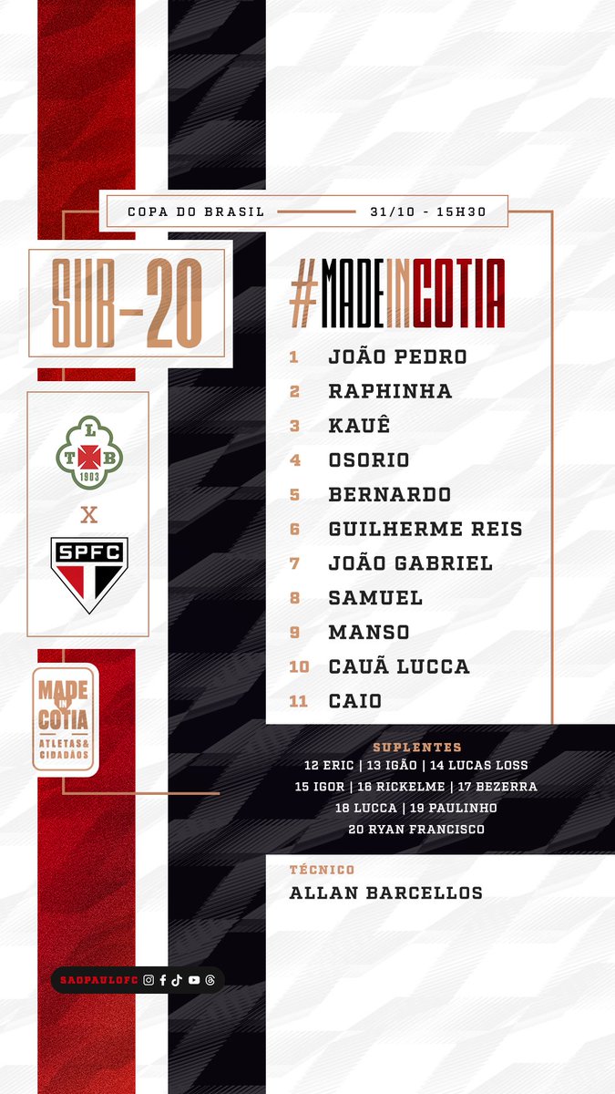 SaoPauloFC's tweet photo. Copa do Brasil Sub-20: Tricolor escalado para enfrentar o Tuna Luso, às 15h30, no Francisco Vasques, em Belém (PA), pelo jogo de ida das quartas de final!

📺 Sportv

#MadeInCotia
#VamosSãoPaulo 🇾🇪 https://t.co/CFqU2q1Weg