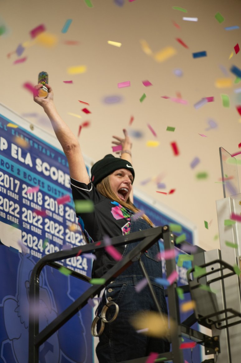 Today we held our first ever banner ceremony recognizing our students for oustanding achievement on our 3-6 Math and ELA exams. Below, Mr. King captures 3rd Grade Team Leader, Lead Mentor, and Amazing Teacher Mrs. Picardo revealing her top ELA and Math scores for Spring 2024!