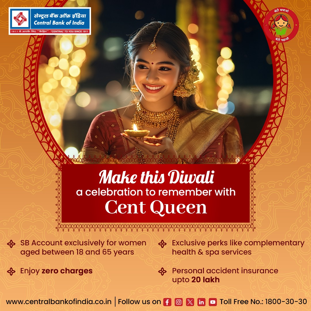 centralbank_in's tweet photo. This Diwali, start a journey towards secure savings! Enjoy zero fees, exclusive health and spa benefits, and accident coverage up to ₹20 lakh. Illuminate your savings and celebrate with confidence
#CentQueen #Centralbankofindia #CentralToYouSince1911 https://t.co/t3M8o8aR6O