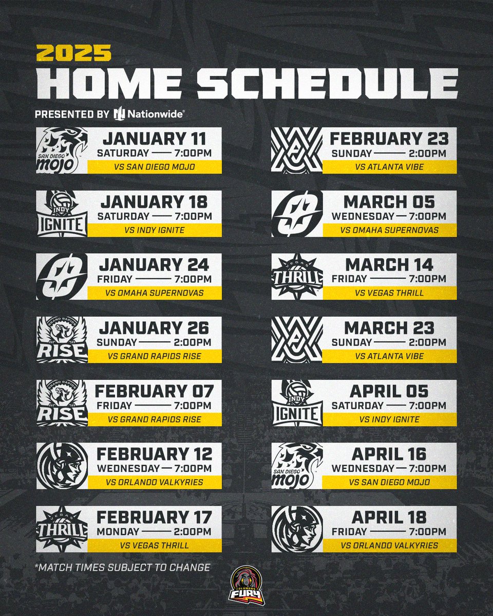 ColumbusFury's tweet photo. Mark your calendars FURY fans!

The full 2025 season schedule has been UNLEASHED!

Click here to learn more: https://t.co/ScTpHLzG9n

Presented by @Nationwide

#ColumbusFury #UnleashTheFury #FollowTheFury #RealProVolleyball https://t.co/OYjSFZnOOu