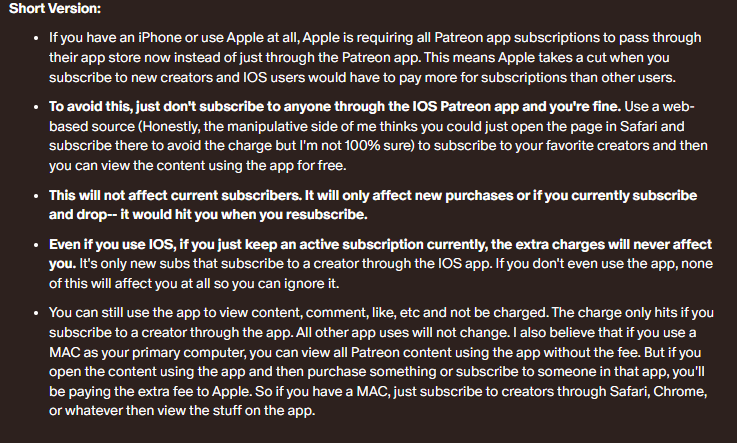 Aaryn_Str8's tweet photo. IOS app store changes are rolling out on Patreon soon. If you use the Patreon app on an iPhone or Mac, check out these bullet comments to avoid Apple's greedy fees while still supporting your favorite creators. https://t.co/kUryGeIEZy