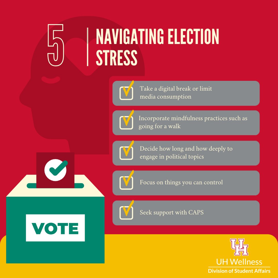 As we get closer to Election Day, it's important for all Coogs to take care of their well-being! Here are some tips to prioritize your self-care.