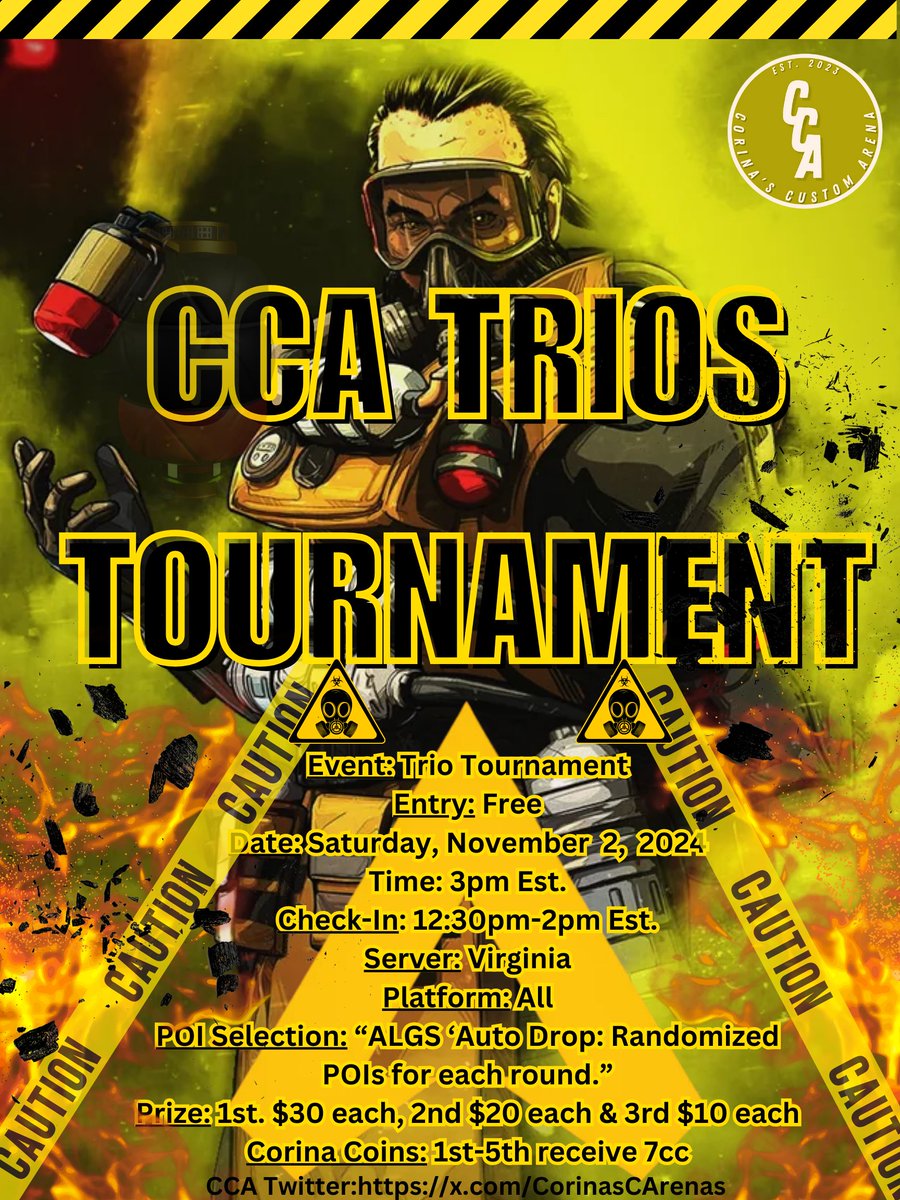 CorinasCArenas's tweet photo. 🔔 Reminder: CCA Trios is happening this Saturday, 11/2/24! If you're interested in joining the tournament, sign up here: https://t.co/Chp79Yfotr 🔥
#CCATrios #ApexLegends #GamingCommunity #JoinTheArena #CCATournament #CompetitiveGaming